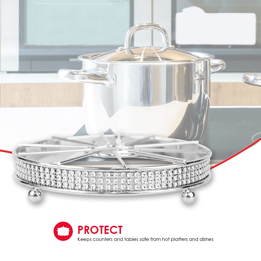 Home Basics Pave Round Non-Skid Trivet | Ornate Design | Diamond Band Around Base | Keep Counter Tops Safe From Scratches | Comp