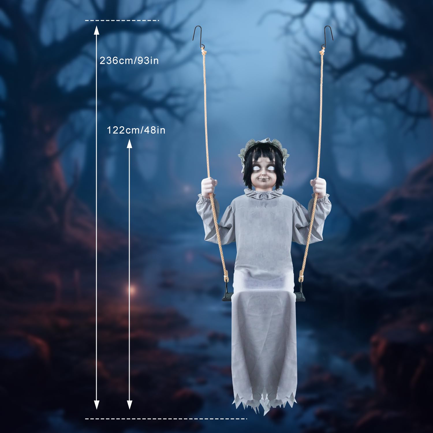 LarpGears Lifesize Swing Girl Halloween Animatronics Decorations - Creepy Twin-Face Motion/Sound Activated Hanging Prop Decor wi