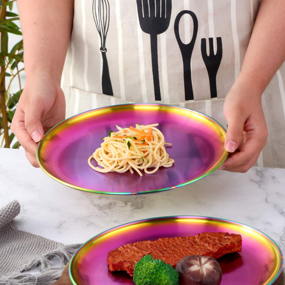 Bisdarun 4-Piece Stainless Steel Dinner Plates Dessert Salad Plates Set Indian, Mingcheng 9.1 Inch Colorful Metal Platter For Ca