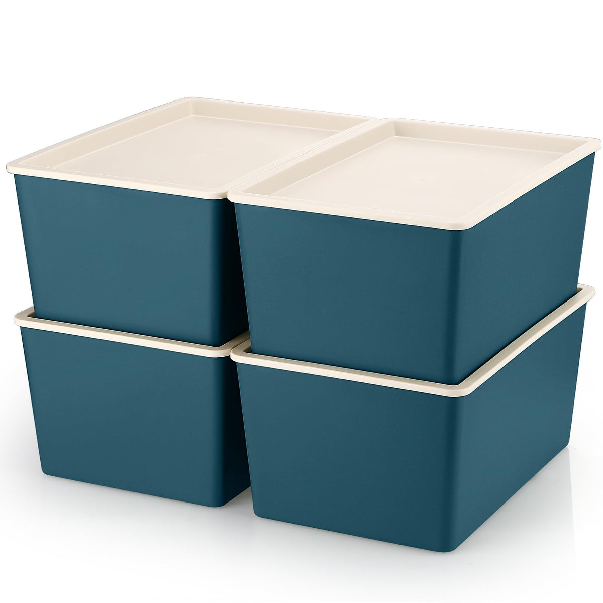 Menkxi 4 Pcs Storage Bins With Lids Plastic Storage Containers Stackable Storage Box Baskets For Organizing Shelves (Beige, Blue