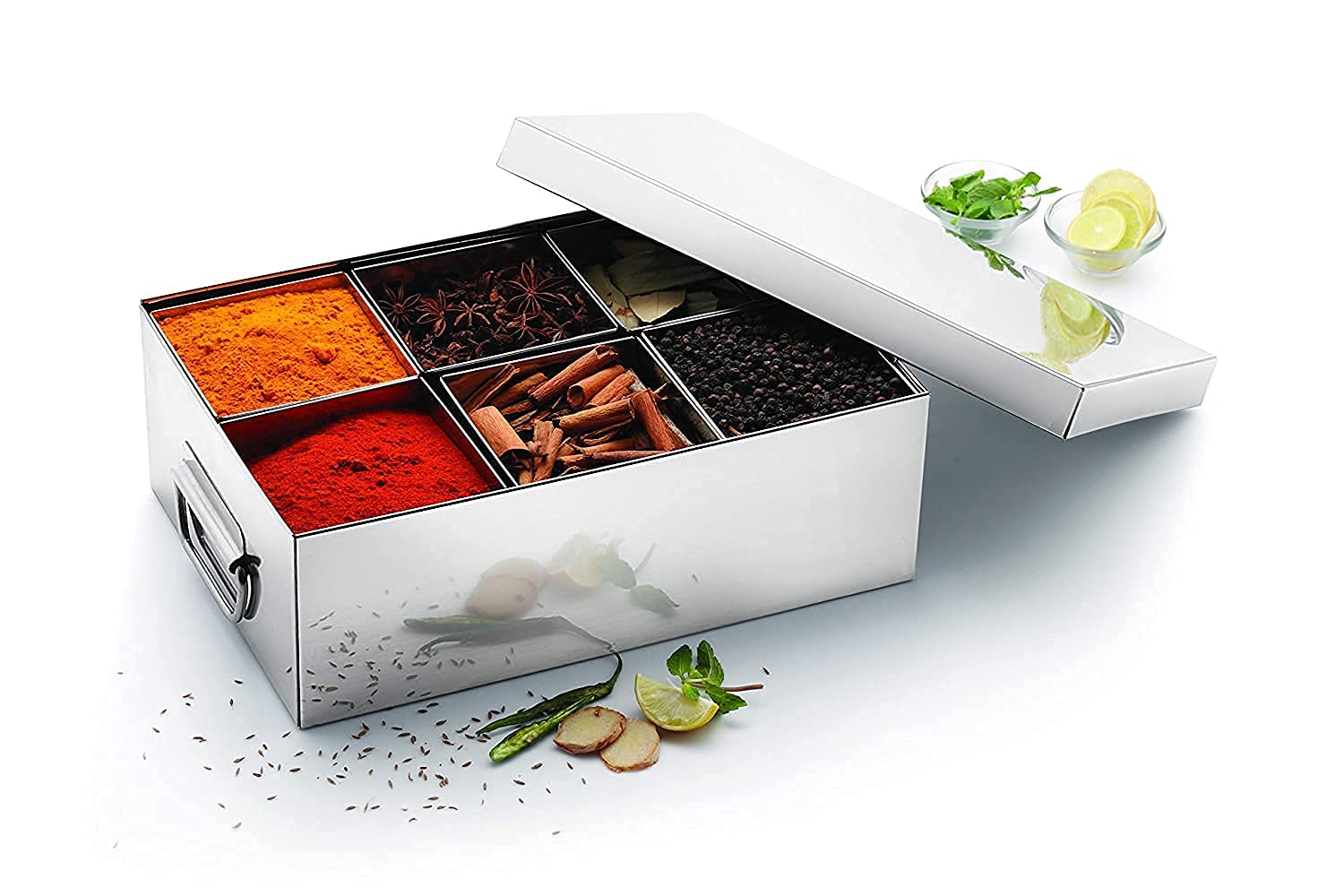 Ginoset Stainless Steel 6 Compartment Jumbo Spice Box,Steel Extra Large Masala Dabba, Home & Commercial Masala Box, Multi Purpos