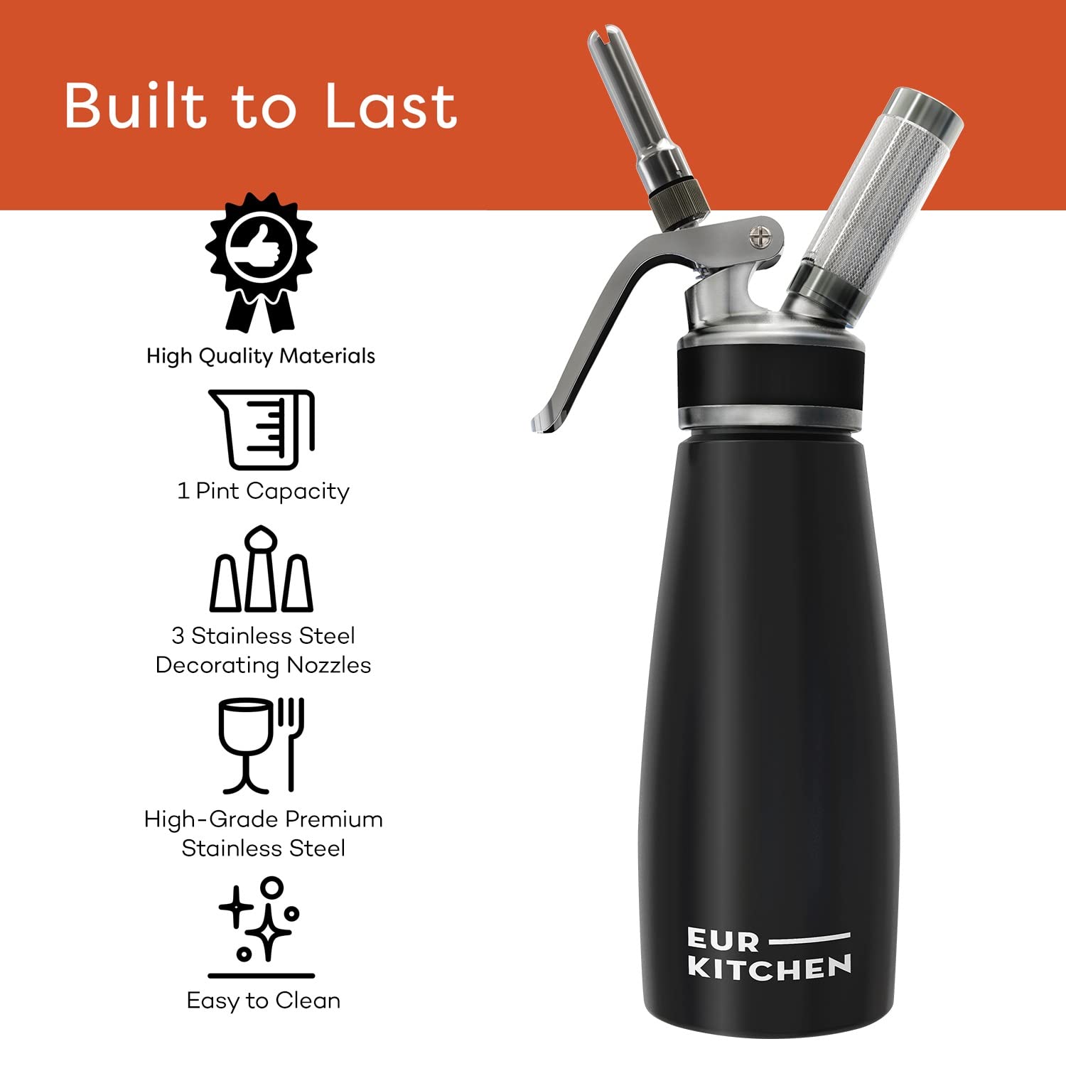 EurKitchen Stainless Steel Whipped Cream Dispenser - 3 Nozzles & Brush, 1 Pint, Leak-Free, Model EK-SSWHIP-19, Black - Stainless Steel
