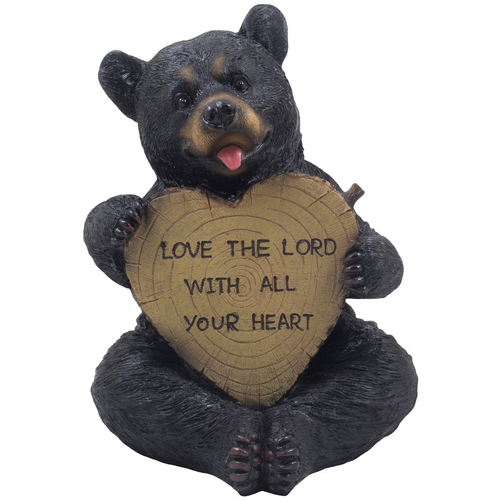 Decorative Sitting Black Bear Holding Faux Wood Heart Sign Statue for Rustic Spiritual D  cor or Christian & Religious Decoratio