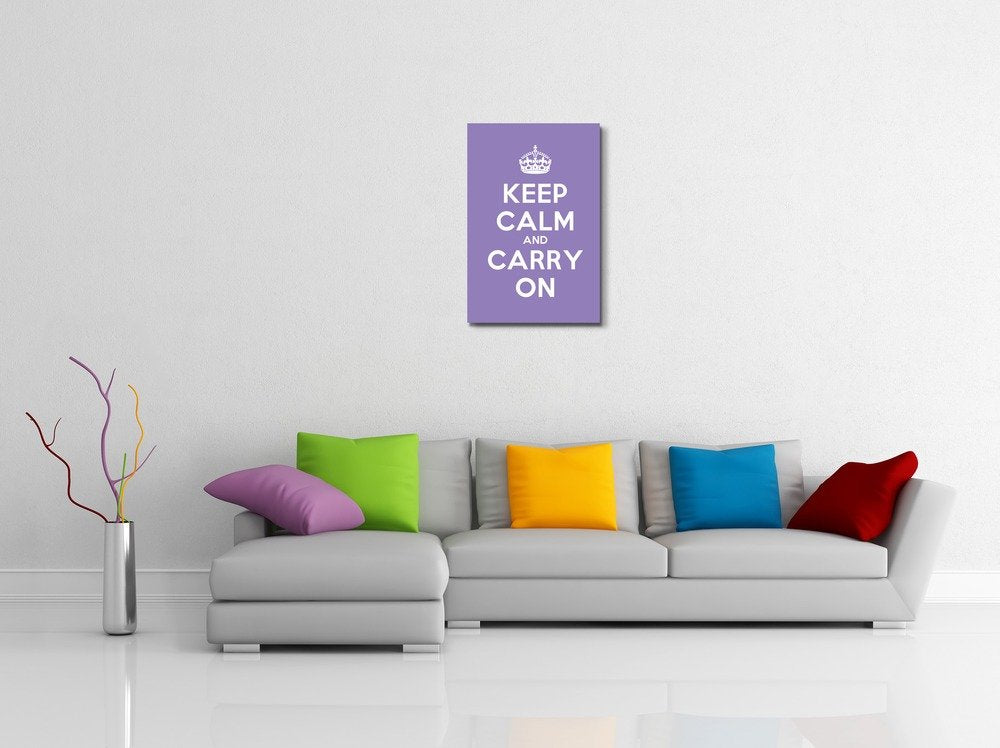 Canvas Wall Art Gallery Wrap Canvas Prints - Keep Calm And Carry On | Stretched Purple Canvas Home Art Ready To Hang - 24'' X 36