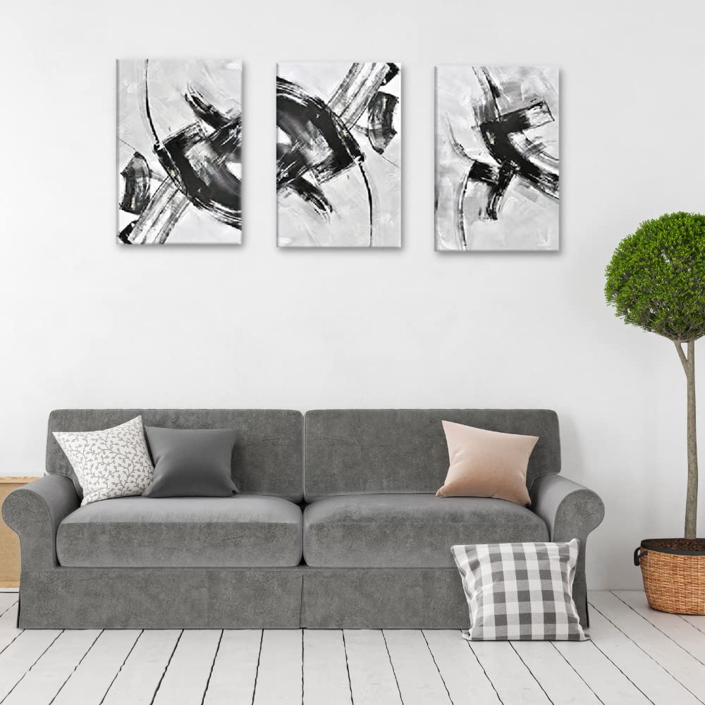 Creoate Black And White Wall Art Decor For Bedroom, 3 Pieces Abstract Lines Painting Canvas Print Artwork, Minimalist Home Decor