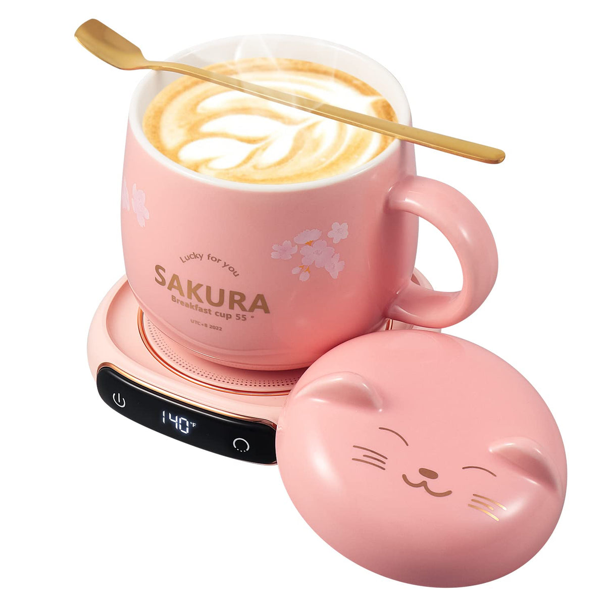 Bsigo Electric Led Display Smart Coffee Mug Warmer & Cute Cat Mug Set, Beverage Cup Warmer For Desk, Warmer Plate For Milk Tea W