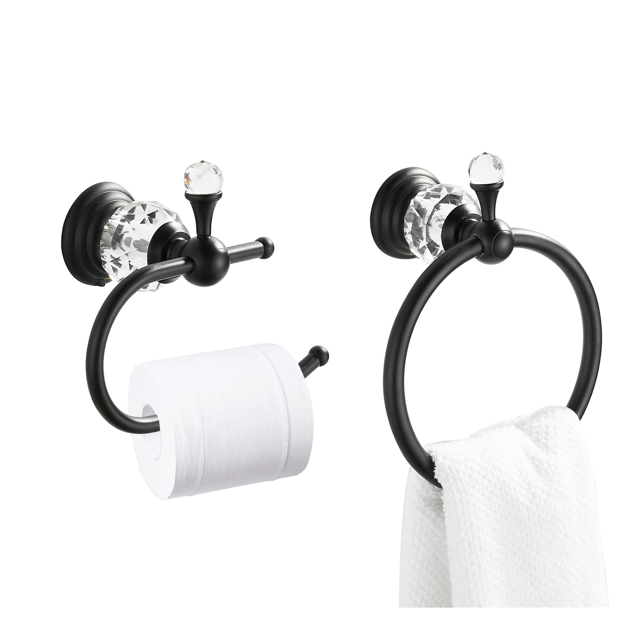 Wolibeer Crystal Towel Ring,Matte Black Toilet Paper Holder Stand Hand Towel Holder Towel Hook Tissue Roll Paper Holder Towel Ha