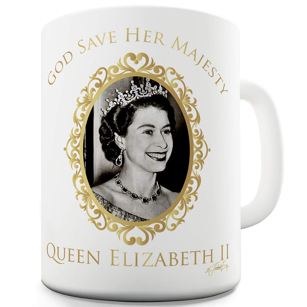 TWISTED ENVY Ceramic Novelty Mug for Coffee and Tea - God Bless Queen Elizabeth II Prints Cup - Funny Gifts for Home and Office,