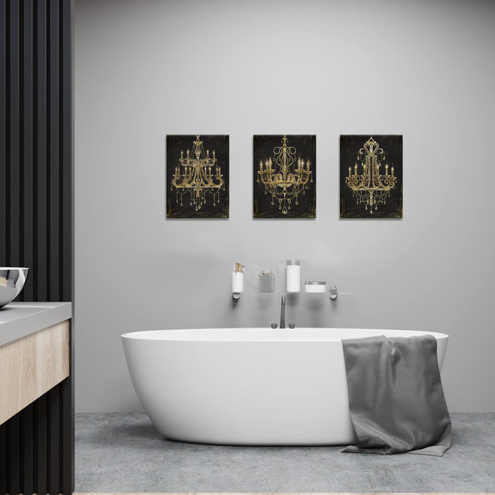 Ihappywall 3 Pieces Black And Gold Chandelier Canvas Wall Art Abstract Diamond Chandelier Crystal Lamp Picture Artwork For Home