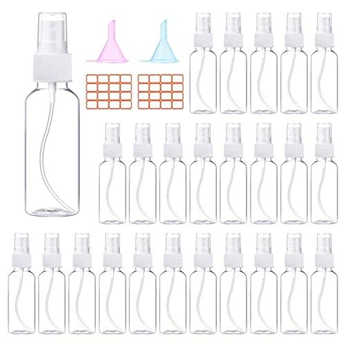 E-accexpert 24 Pcs Spray Bottles 2oz / 55ml Clear Empty Mini Mister Spray Bottles Refillable Container Pocket Size Sprayer Set Essential Oils Travel Cleaning Solution Makeup Bottles with 2pcs Funnels 32pcs Labels