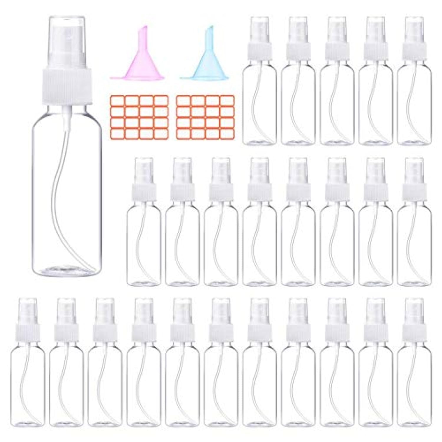 E-accexpert 24 Pcs Spray Bottles 2oz / 55ml Clear Empty Mini Mister Spray Bottles Refillable Container Pocket Size Sprayer Set Essential Oils Travel Cleaning Solution Makeup Bottles with 2pcs Funnels 32pcs Labels