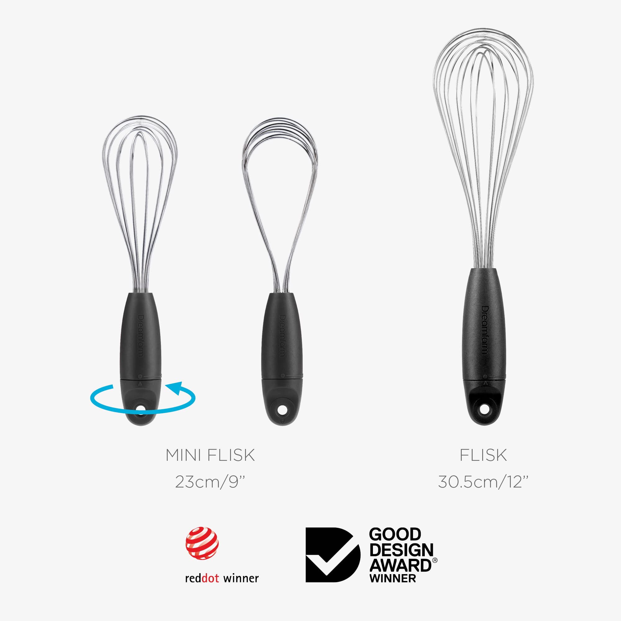 Dreamfarm Mini Flisk | 3 in 1 Stainless Steel Whisk with Ergonomic Handle | Balloon Whisk  Sauce Whisk and Flat Whisk Combined Into One | Space Saving Whisk for Baking  Cooking | Black Mini