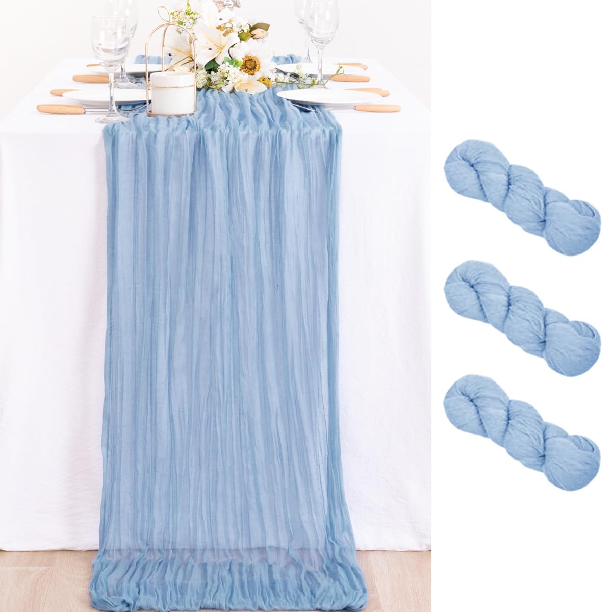 MLMC 3 Pack Dusty Blue Table Runner 10ft Boho Gauze Cheesecloth Valentines Table Runner Bulk 35x120 Inches Rustic Cheese Cloth D