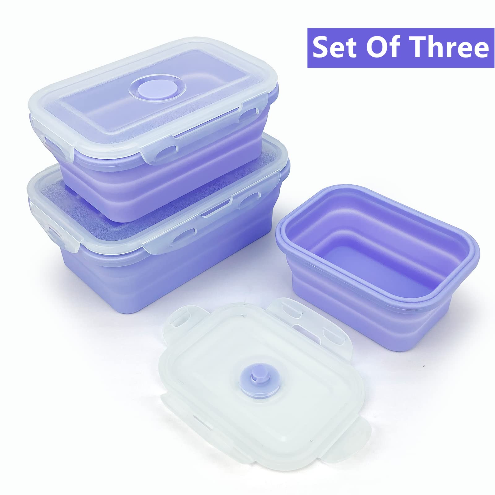 Lunbengo Purple Collapsible Meal Prep Containers Camping Bowls Silicone Bento Box With Airtight Plastic Lid, Microwave Safe, Por
