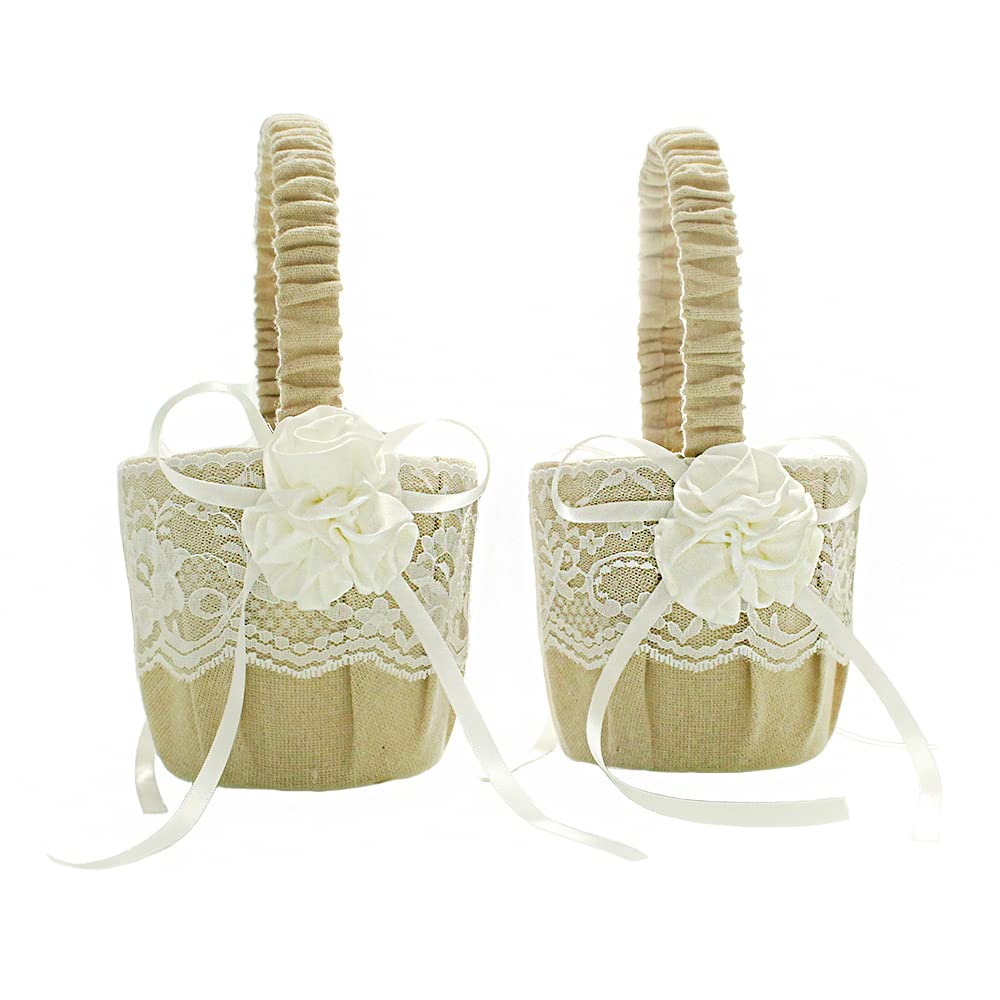 Frlal 2Pcs Three Ivroy Flowers Wedding Flower Baskets Linen Party Favor