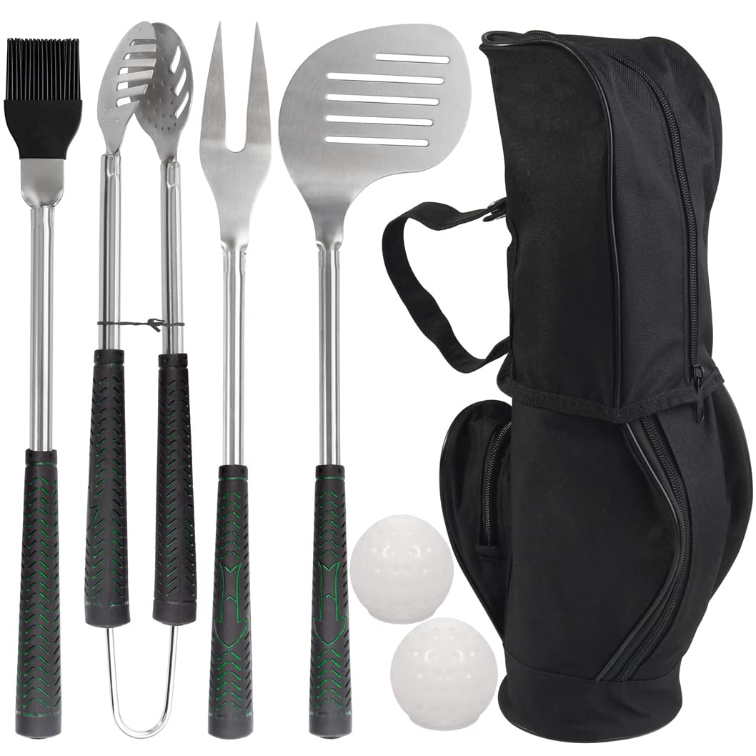 Poligo 7Pcs Golf-Club Style Bbq Tools Set Grilling Tools With Rubber Handle - Stainless Steel Grill Accessories For Outdoor Gril