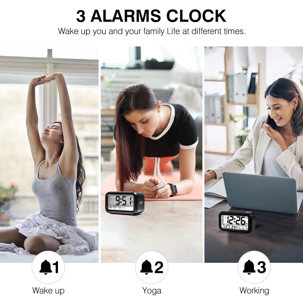 Bulfyss USB Rechargeable Digital Alarm Clock, Date, Temperature, Backlight LCD Display Smart Clock with 3 Alarms Bedroom Table D