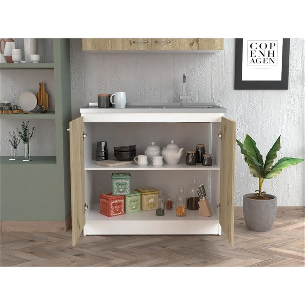 TUHOME Napoles Utility Sink  Two Shelves  Two-Door Cabinet  Countertop- White/Light Oak  For Kitchen Room