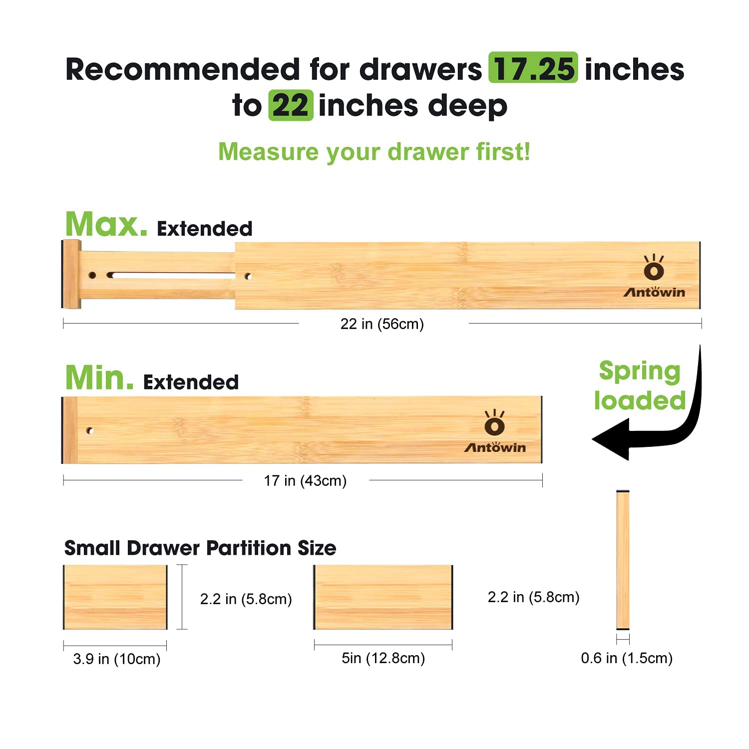 ANTOWIN Bamboo Drawer Dividers, Expandable Drawer Separators Splitter, 17-22 inches Adjustable Spring-loaded Organizer for Large