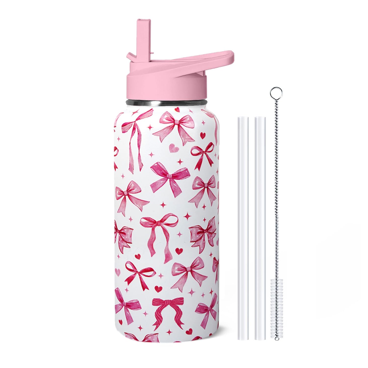 TWBDMKC 32oz Pink Bow Stainless Insulated Aater Water Bottle with Straw,Bow Gym Hiking Sports Coffee Mug Cup Water Bottles,Bow G