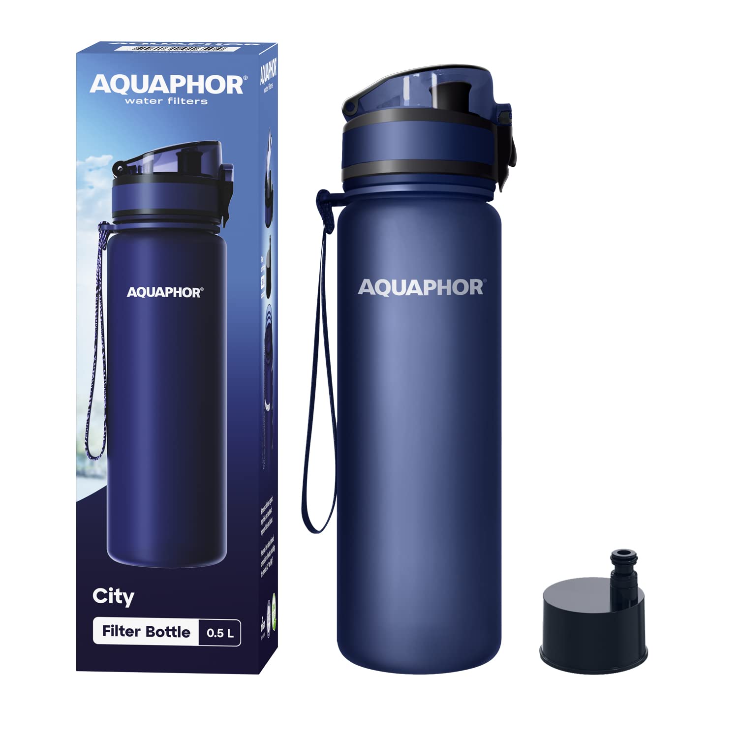 Aquaphor City Bottle 500Ml Navy  Travel Water Bottle With Activated Carbon Filter  Filters Chlorine & Impurities  Made Of Tritan