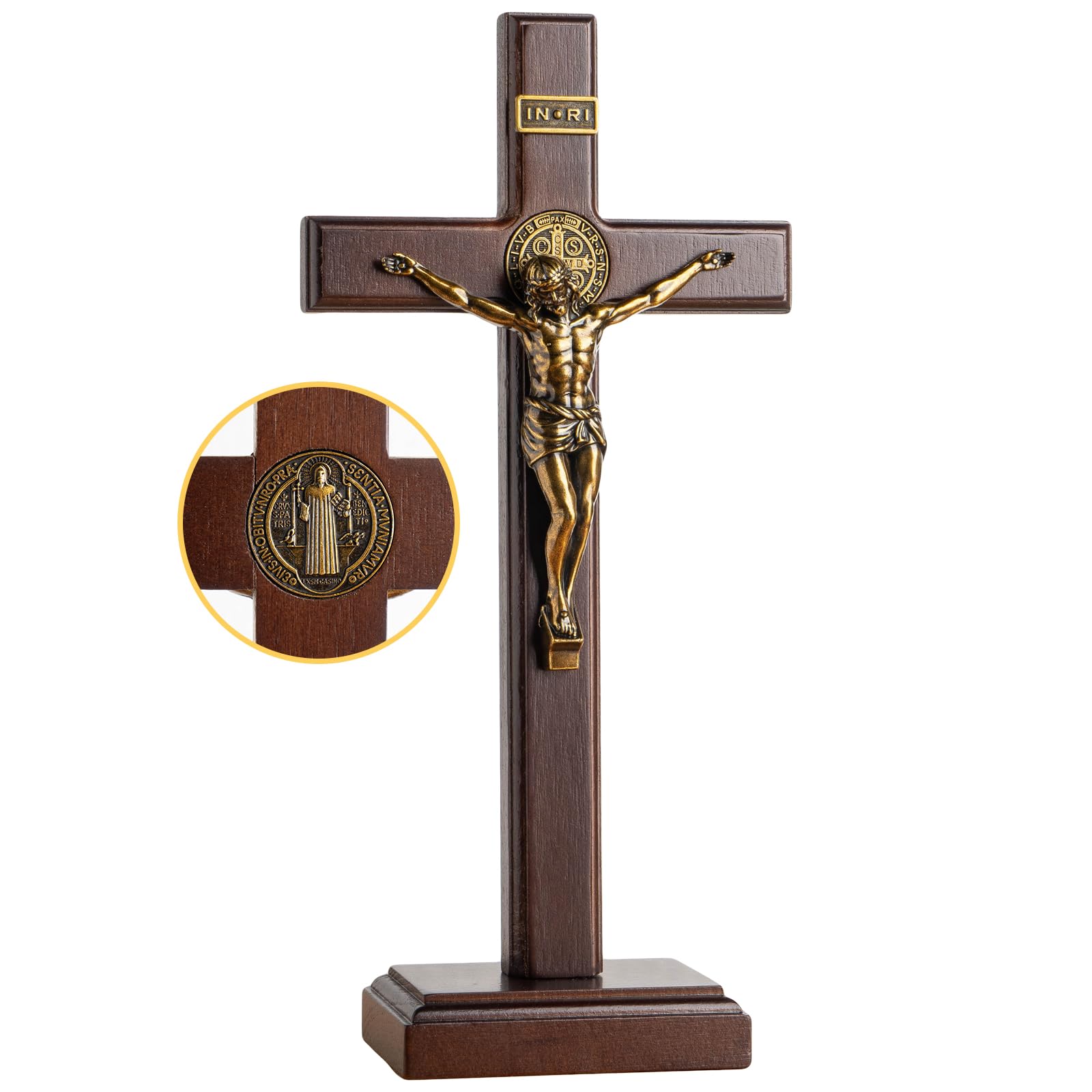 KUXBET Wooden Crucifix Cross with Detachable Stand 10 Inch Standing Catholic Wooden Jesus Christ Wall Hanging Cross for Home Dec