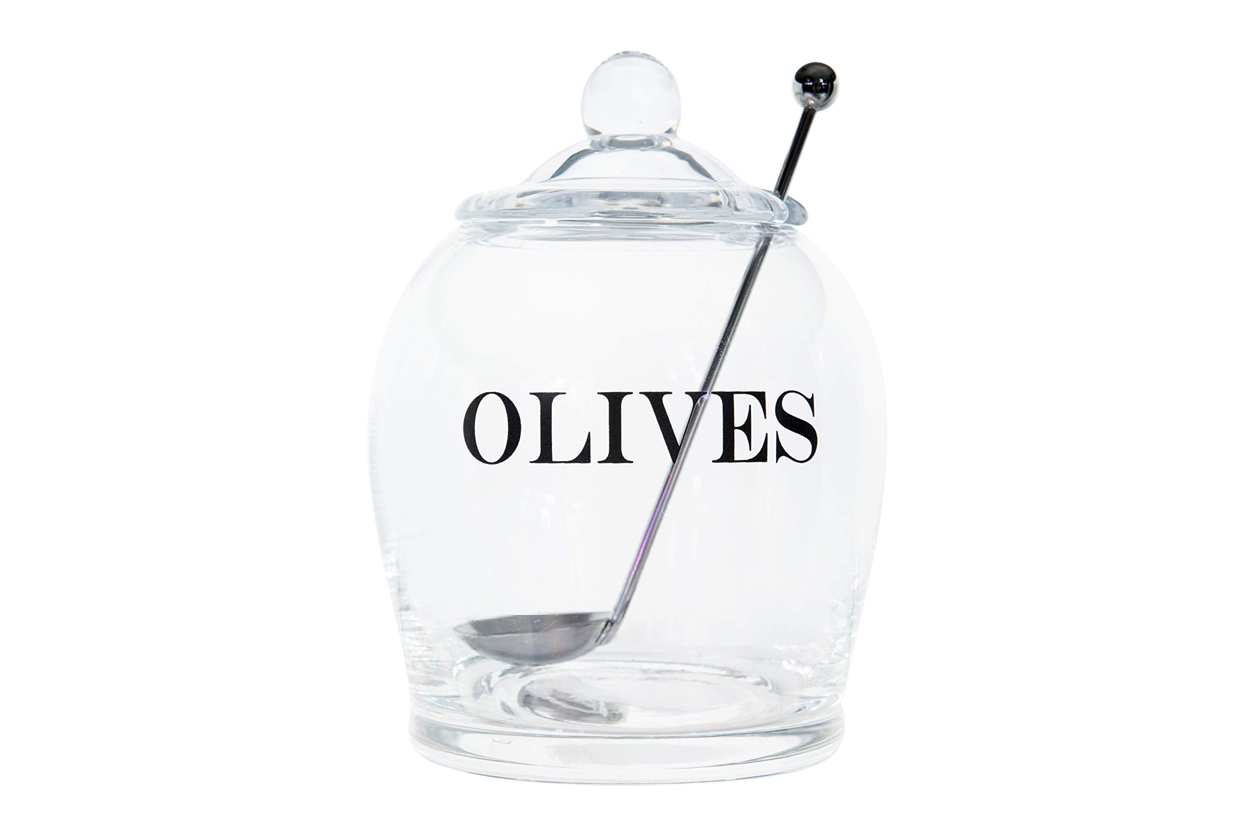 Creative CoOp Clear Glass OLIVE Jar with Lid & Slotted Stainless Steel Spoon (Set of 3 Pieces including Lid)
