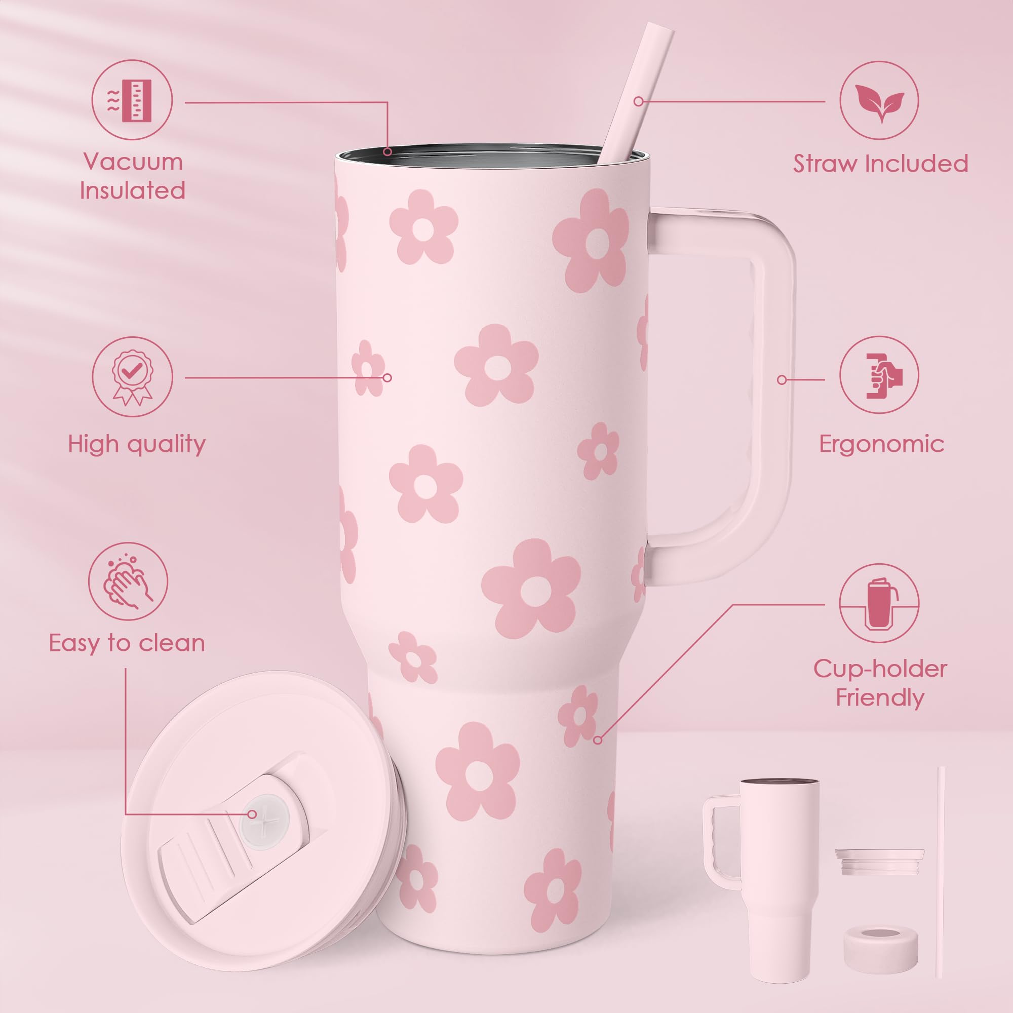 SANDJEST Floral Tumbler with Handle and Straw 40oz Stainless Sleel Slider Tumbler Travel Coffee Mug for Women - Gift Idea for Bi