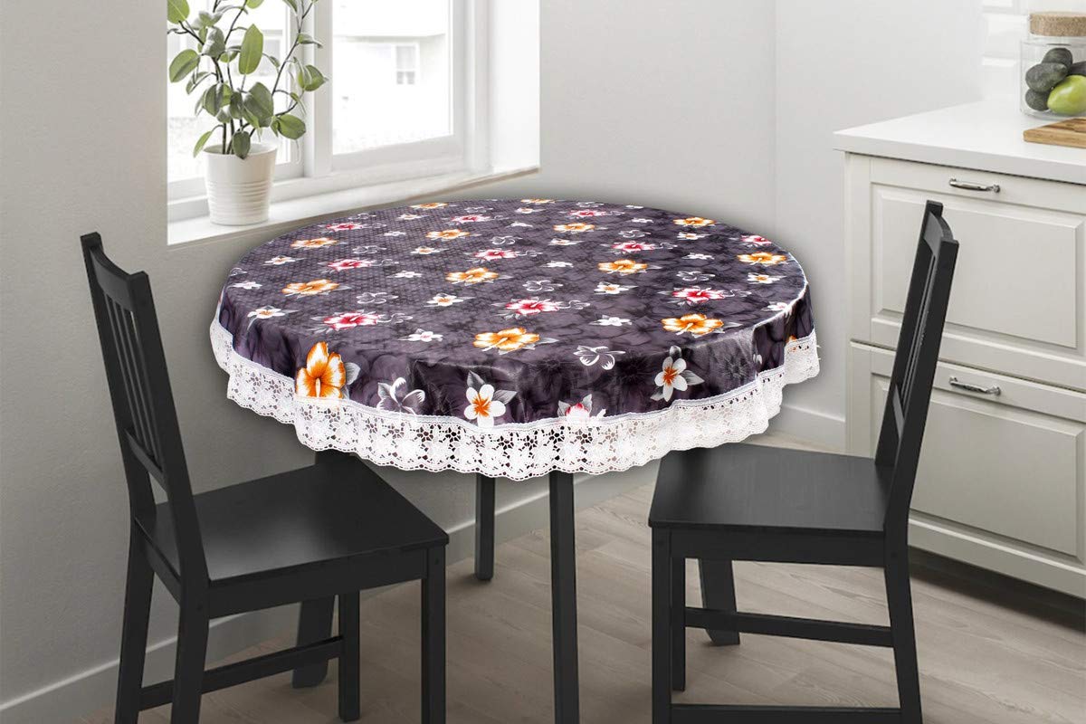 The Furnishing Tree Round Shaped WxL 48x48 Inch Center Table Cover Floral Pattern Multi Grey, Waterproof PVC