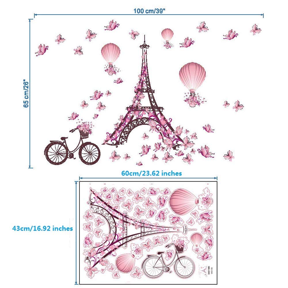 Bibitime Romantic France Paris Eiffel Tower Wall Decals For Girls Room Flower Bike Butterflies Hot Air Balloon Vinyl Sticker Val