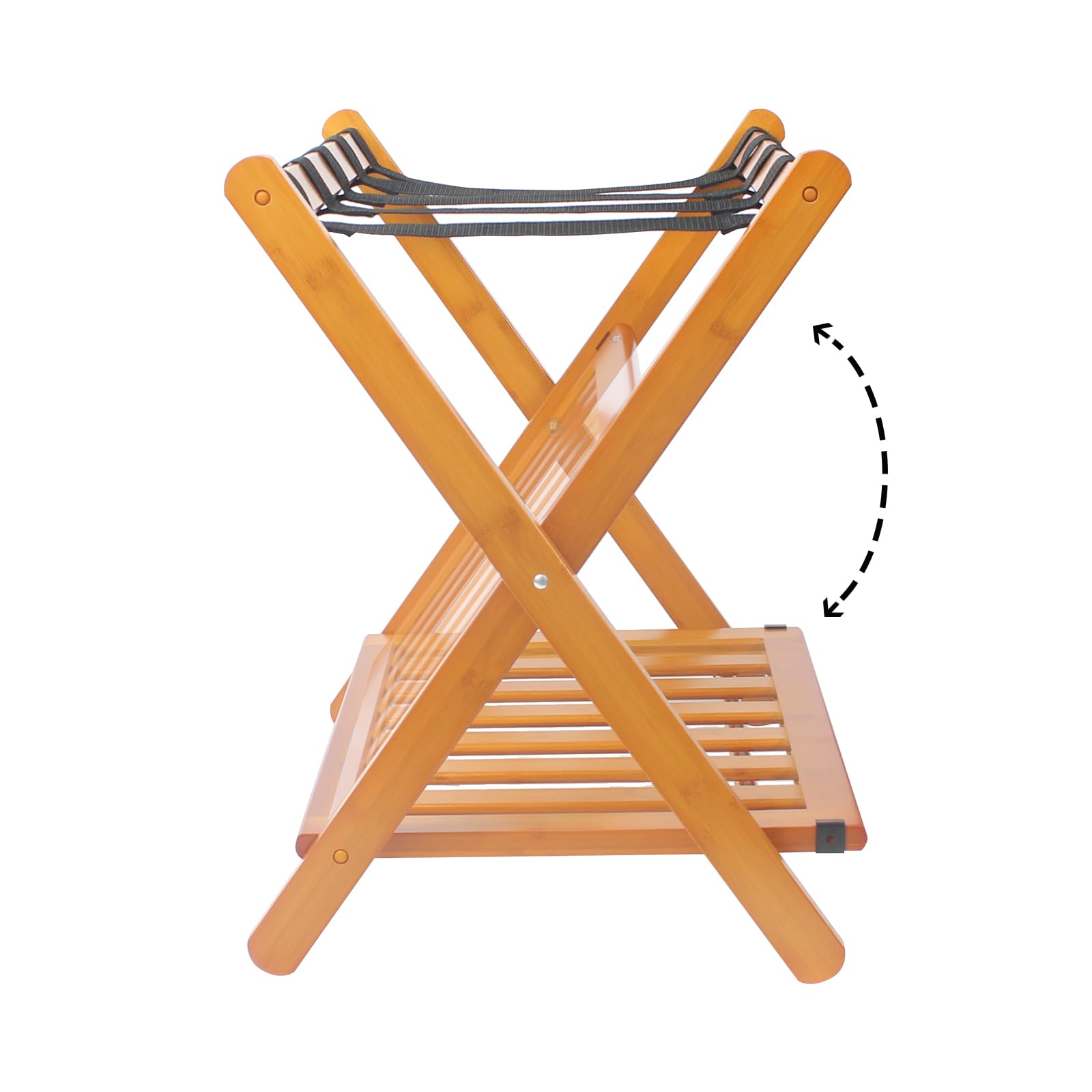 Smart Fendee Fully Assembled Honey Oak Bamboo Luggage Racks, 5 Nylon Straps Foldable Suitcase Stand, Luggage Holders With Shoe S