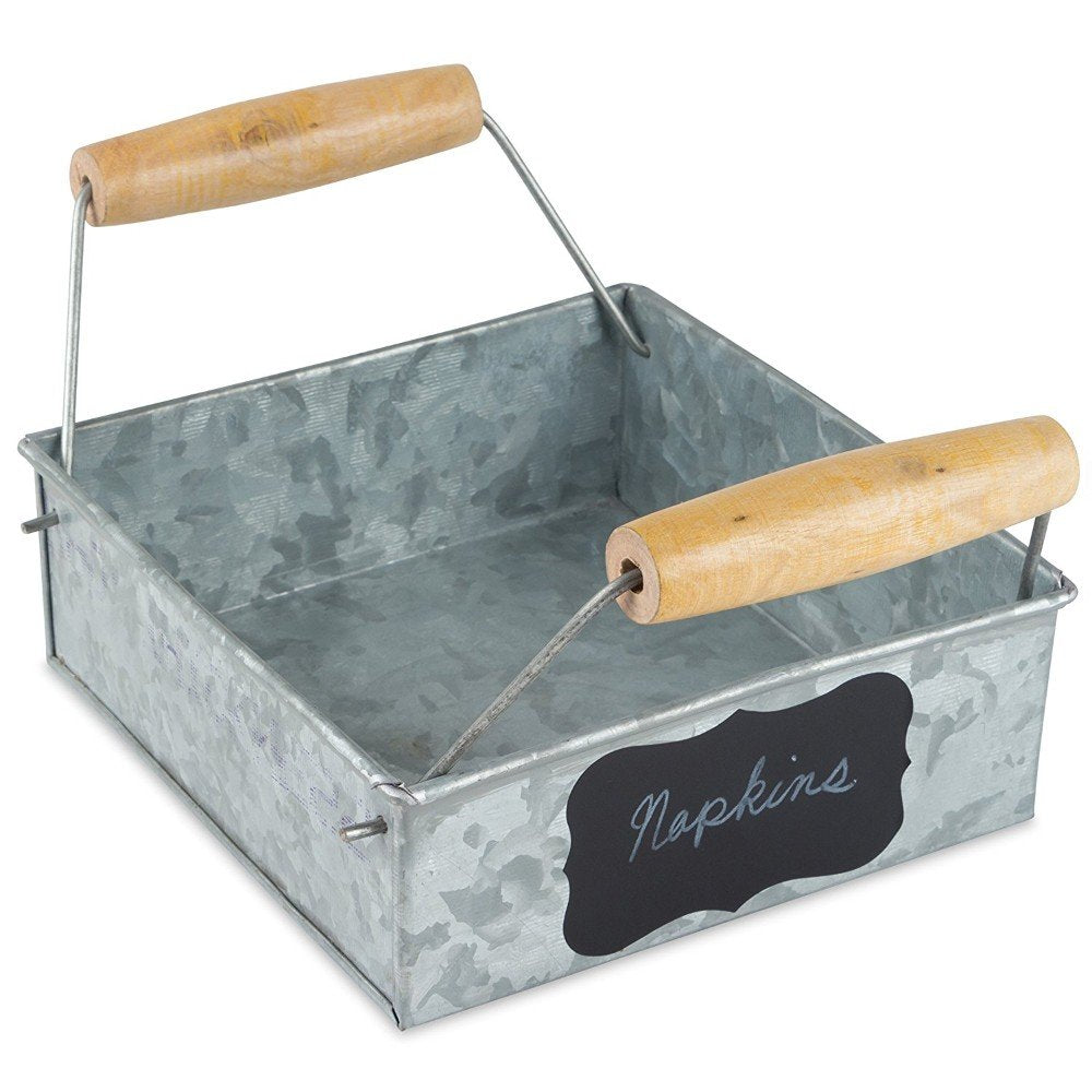 Benjara Galvanized Metal Napkin Holder With Wooden Handle, Gray