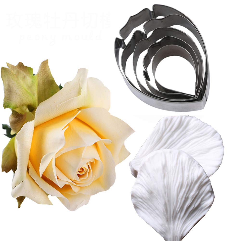 Kalaien 5Pcs Stainless Steel Peony Cutter 2Pcs Fondant Silicone Mold Gumpaste Peony Sugarcraft Flower Veining Mold Veiner Petal