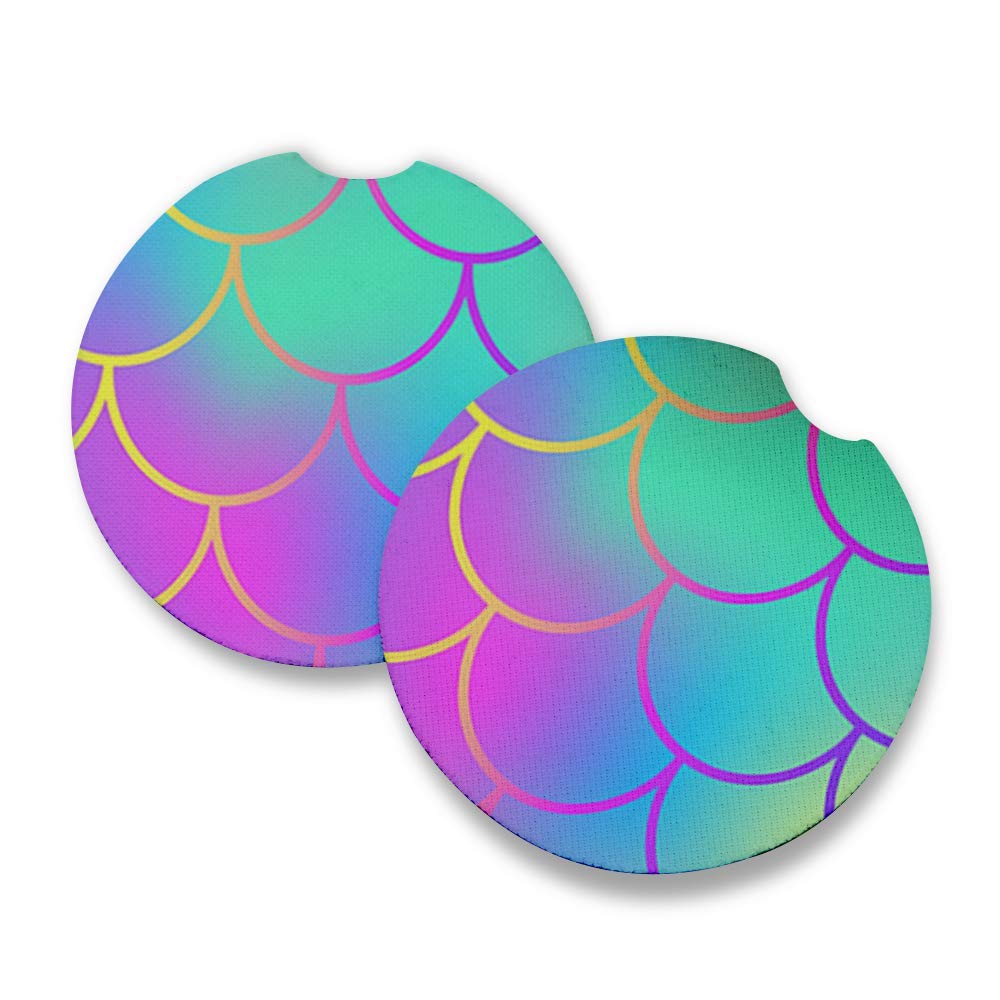 Blue Pink Ombre Mermaid Scales Car Coasters For Drinks Set Of 2 - Perfect Car Accessories. Coaster Measures 2.56 Inches With Rub