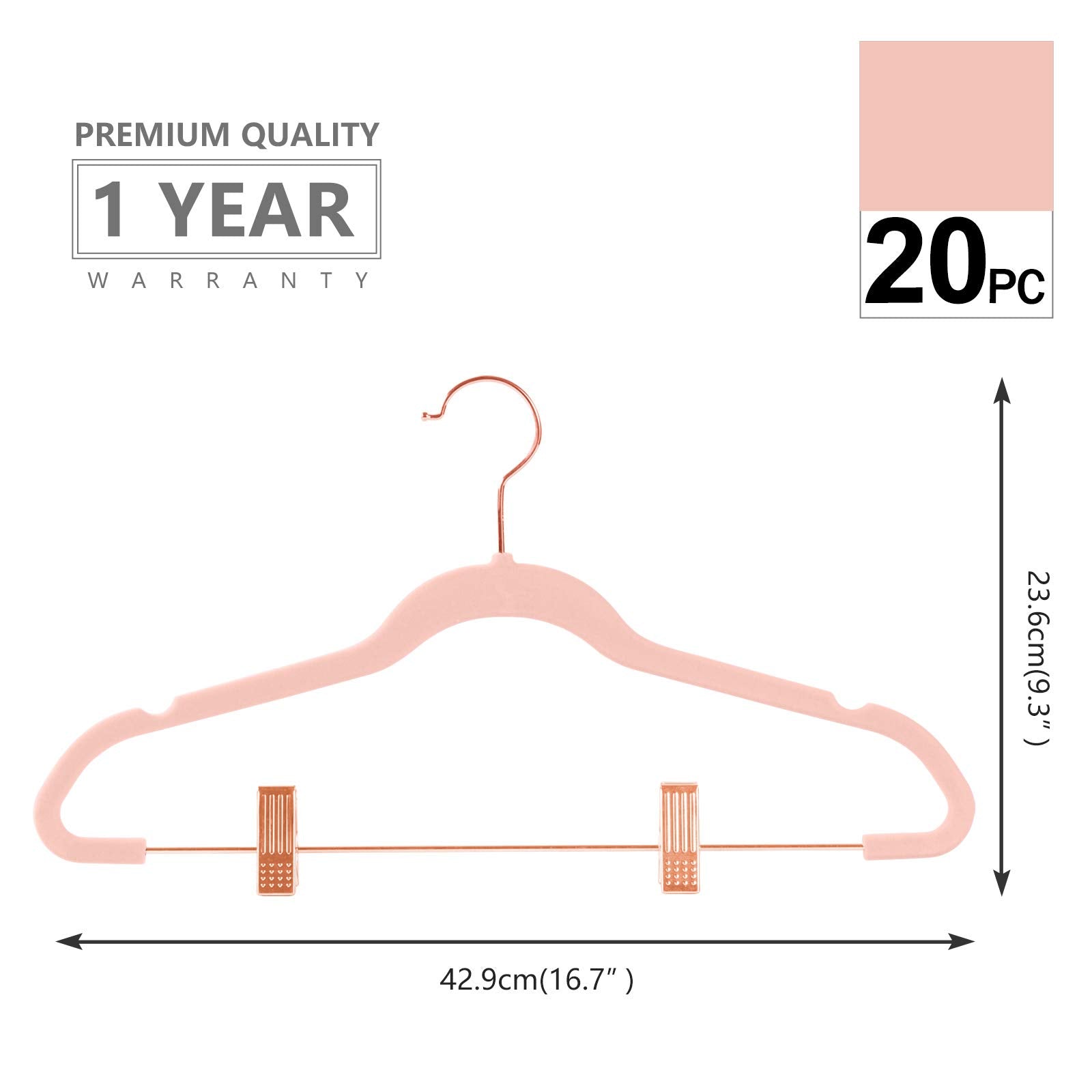 MIZGI Premium Velvet Pants Hangers with Clips (Pack of 20) Slim Skirt Hangers- Non Slip Felt Outfit Dress Hangers Blush Pink - Copper/Rose Gold Hooks Space Saving Shirt Clothes Hangers