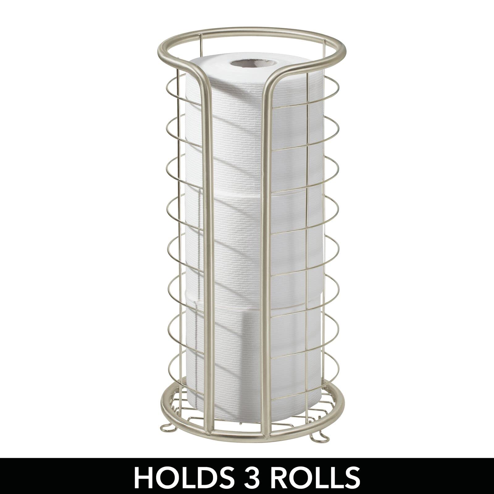 mDesign Metal Toilet Paper Holder Stand - Storage Reserve for 3 Rolls of Toilet Tissue - Freestanding Toilet Paper Holder - Stylish Bathroom Floor Toilet Paper Stand - Omni Collection - Satin