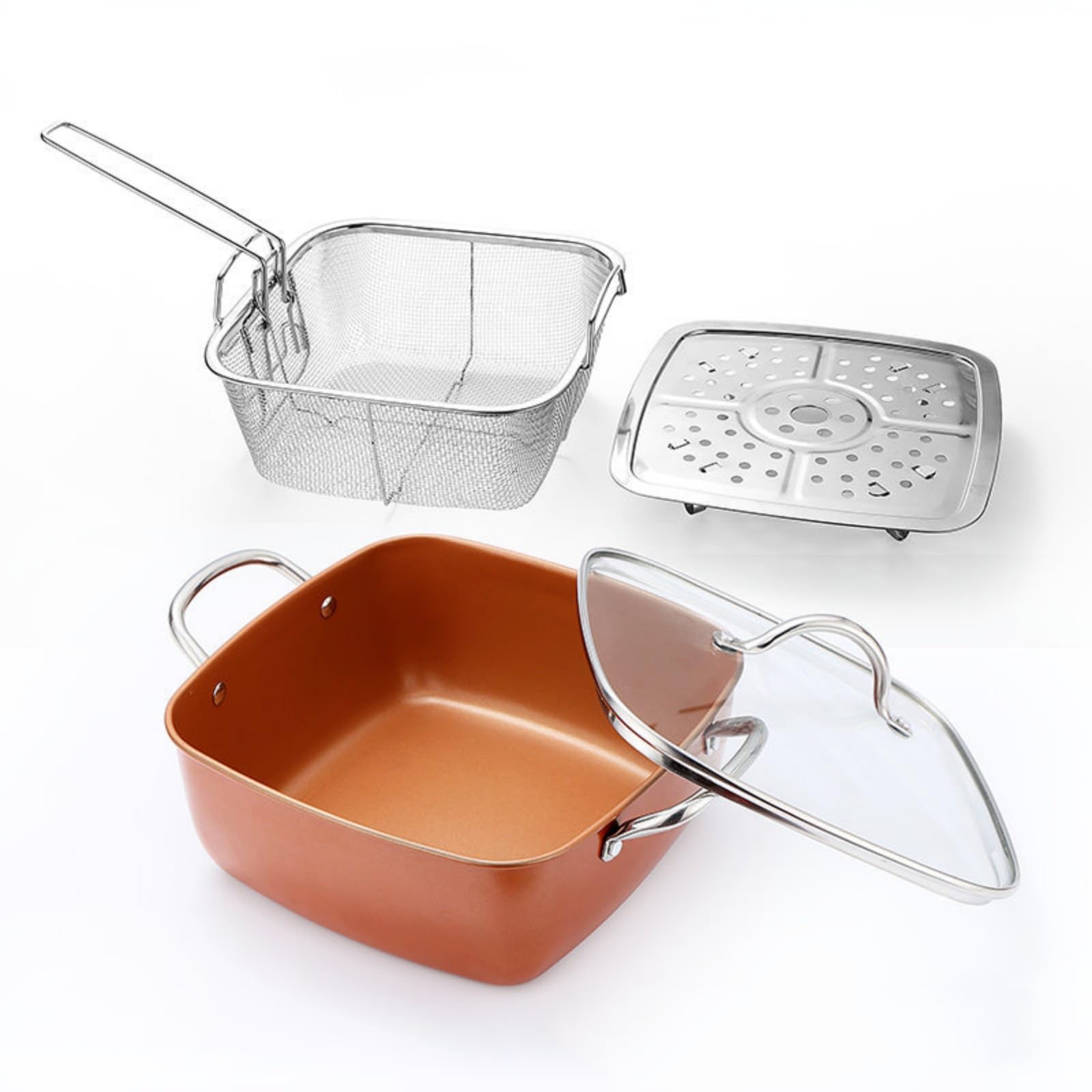 9.5 Non Stick Deep Frying Pan with Fry Basket Steamer Rack and Glass Lid