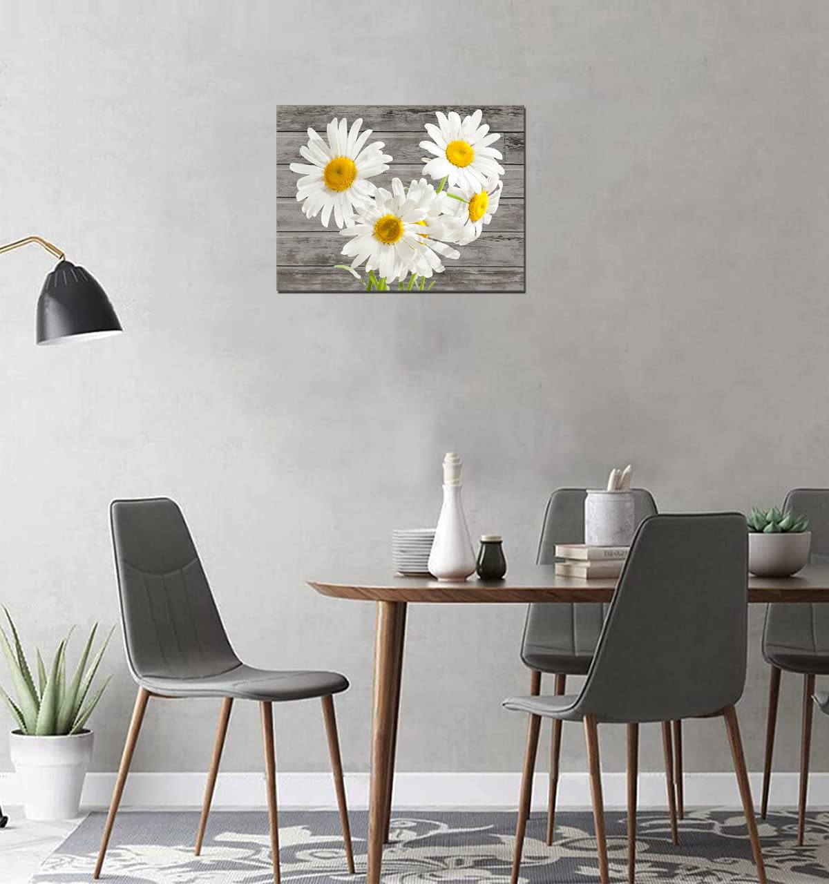 Taomi White Flower Rustic Wall Decor Poster Artwork Canvas Print Bedroom Wall Art Yellow Daisy Floral Greyscale Wooden Grain Pic
