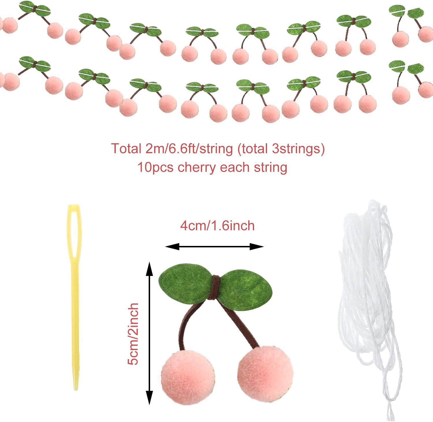 TOTIEJFJ Pink Cherry Garland Decoration (3string X 6.6ft) - DIY Pom Pom Fruit Cherry Hanging for Kids Bedroom Kitchen Decoration