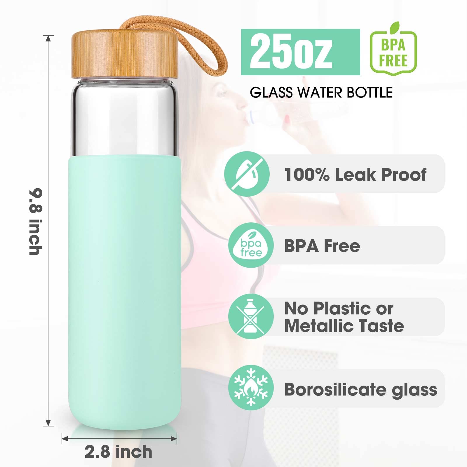 Yomious 25 Oz Glass Water Bottle With Bamboo Lid - Borosilicate Glass Water Bottles With Sleeve, Wide Mouth And Dishwasher Safe