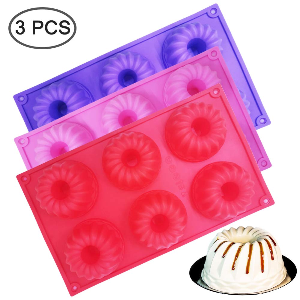 3 Packs Silicone Mini Fluted Cake Pans, Findtop Mini Tube Cake Baking Pan For Muffin Cups, Coffee Cake, Cupcake, Brownie- Pink,