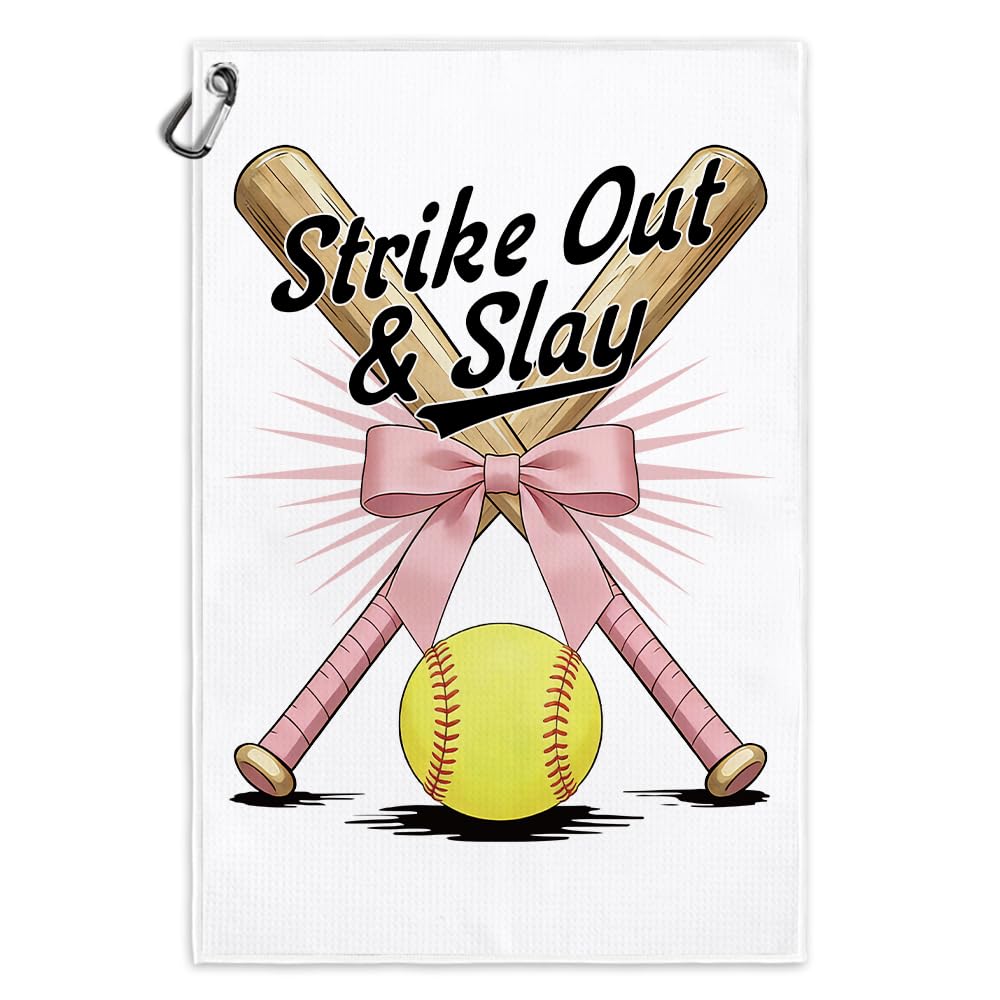 Msticey Strike Out & Slay Funny Printed Microfiber Softball Towel with Clip, Softballs Accessories for Women Girls Mom Sister, S