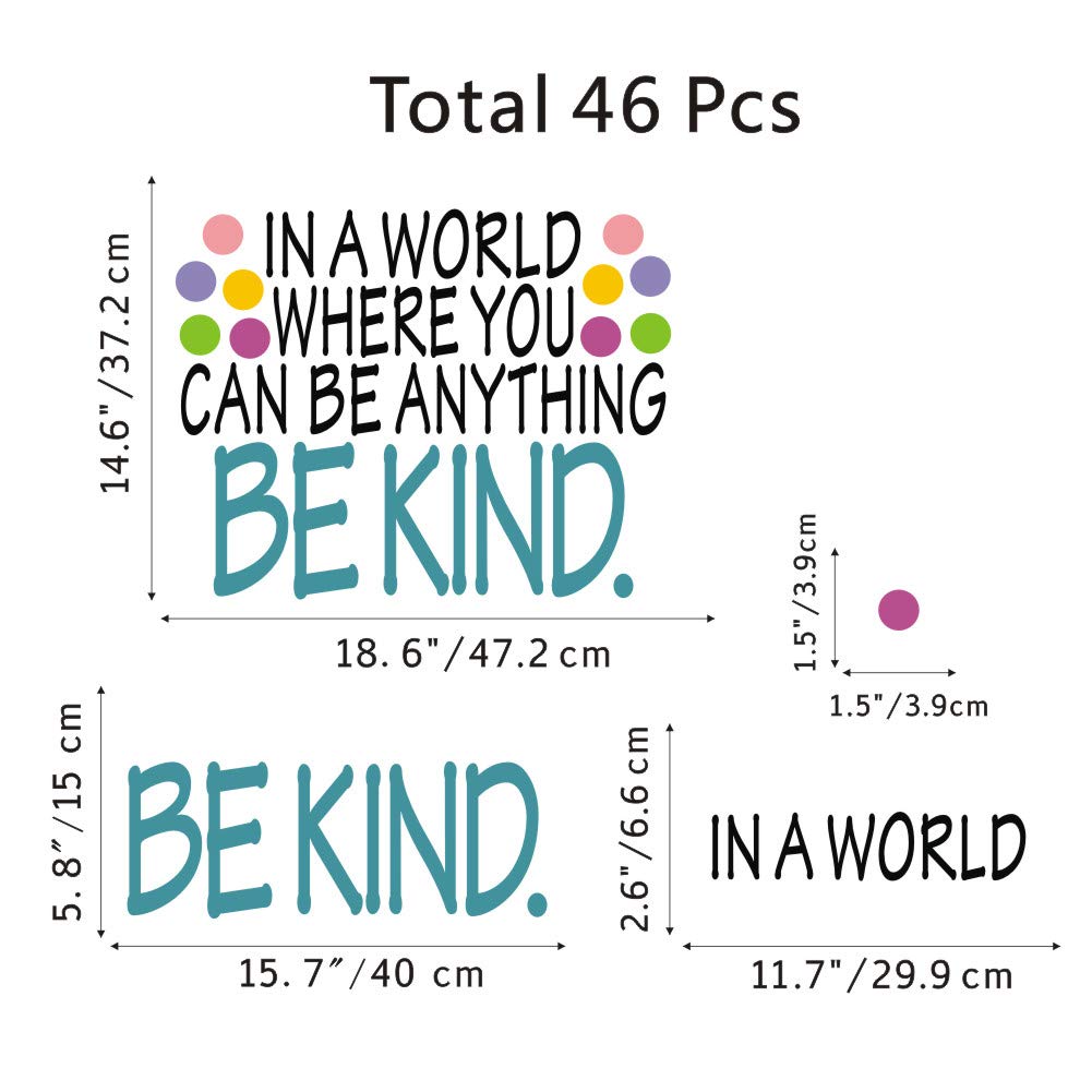 Be Kind Quotes Wall Decal, In A World Where You Can Be Anything Inspirational Words Sticker, Colorful Dots Vinyl Lettering Wall