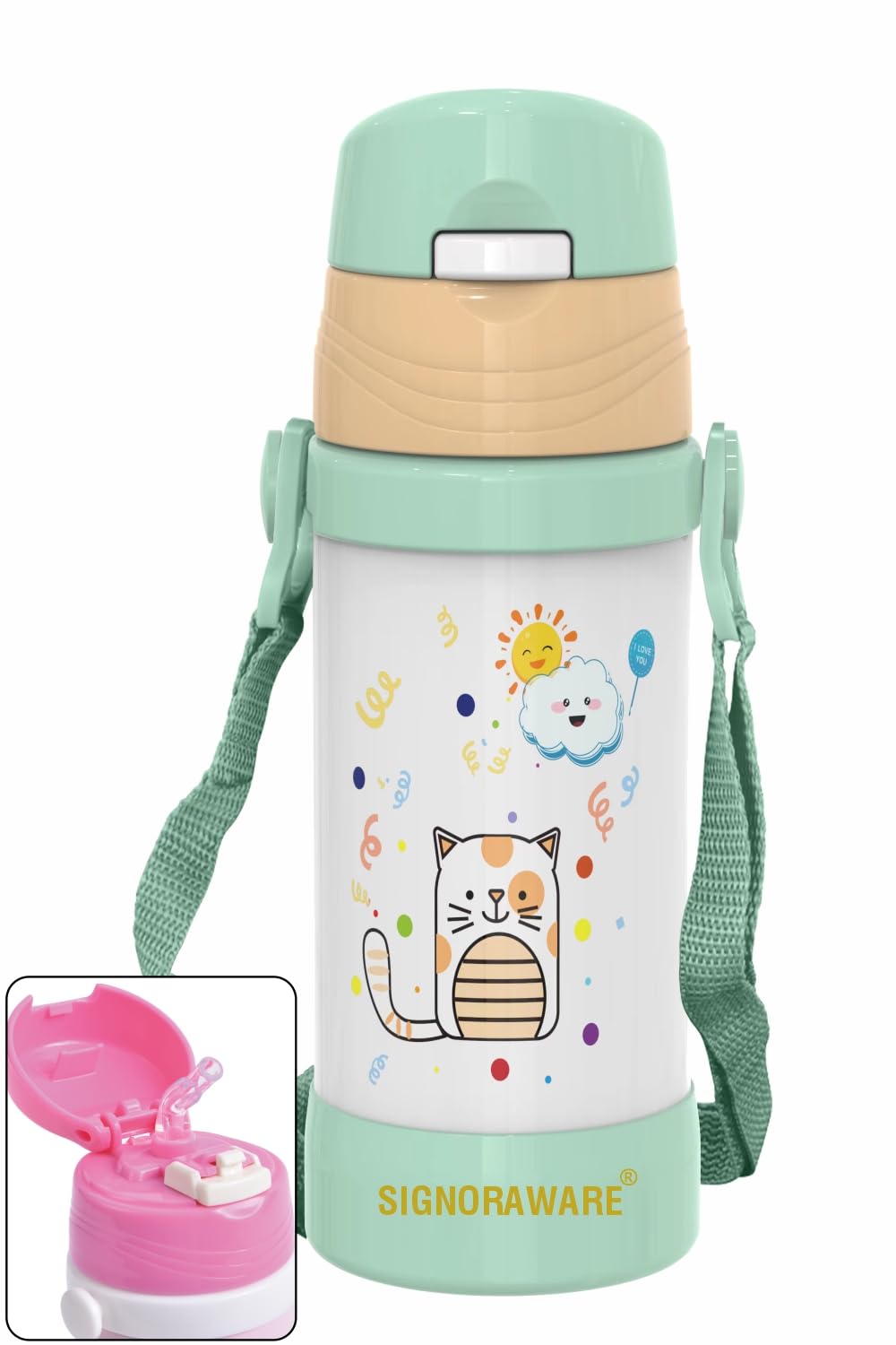 Signora Ware Drizzle Stainless Steel Water Bottle For Kids, Bpa Free,Insulated Double Wall Vacuum,Anti-Skid Silicone Base, Adjus