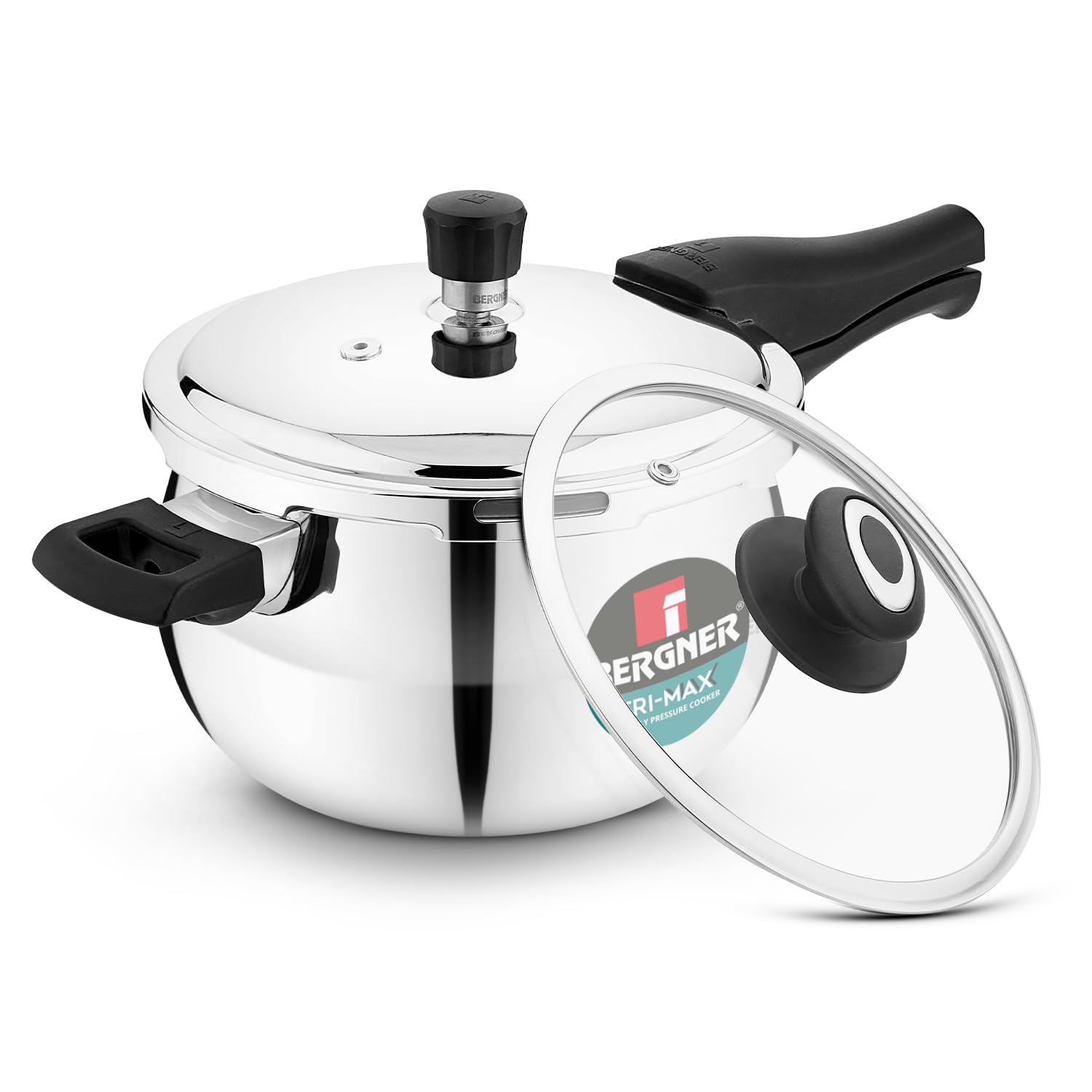 Bergner Trimax Orb Triply Stainless Steel 2 Liters Belly Shape Outer Lid Pressure Cooker With Extra Glass Lid, Less Oil Use, Hea