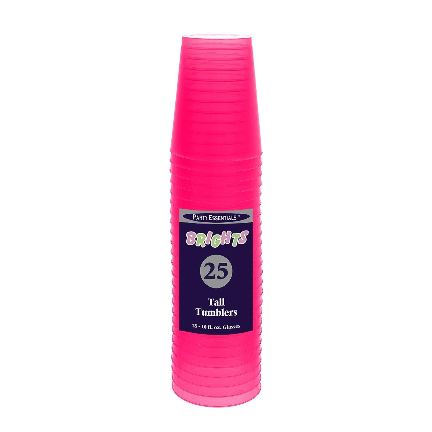 Party Essentials Hard Plastic 10-Ounce Party Cups And Tall Tumblers, Neon Pink, 25-Count