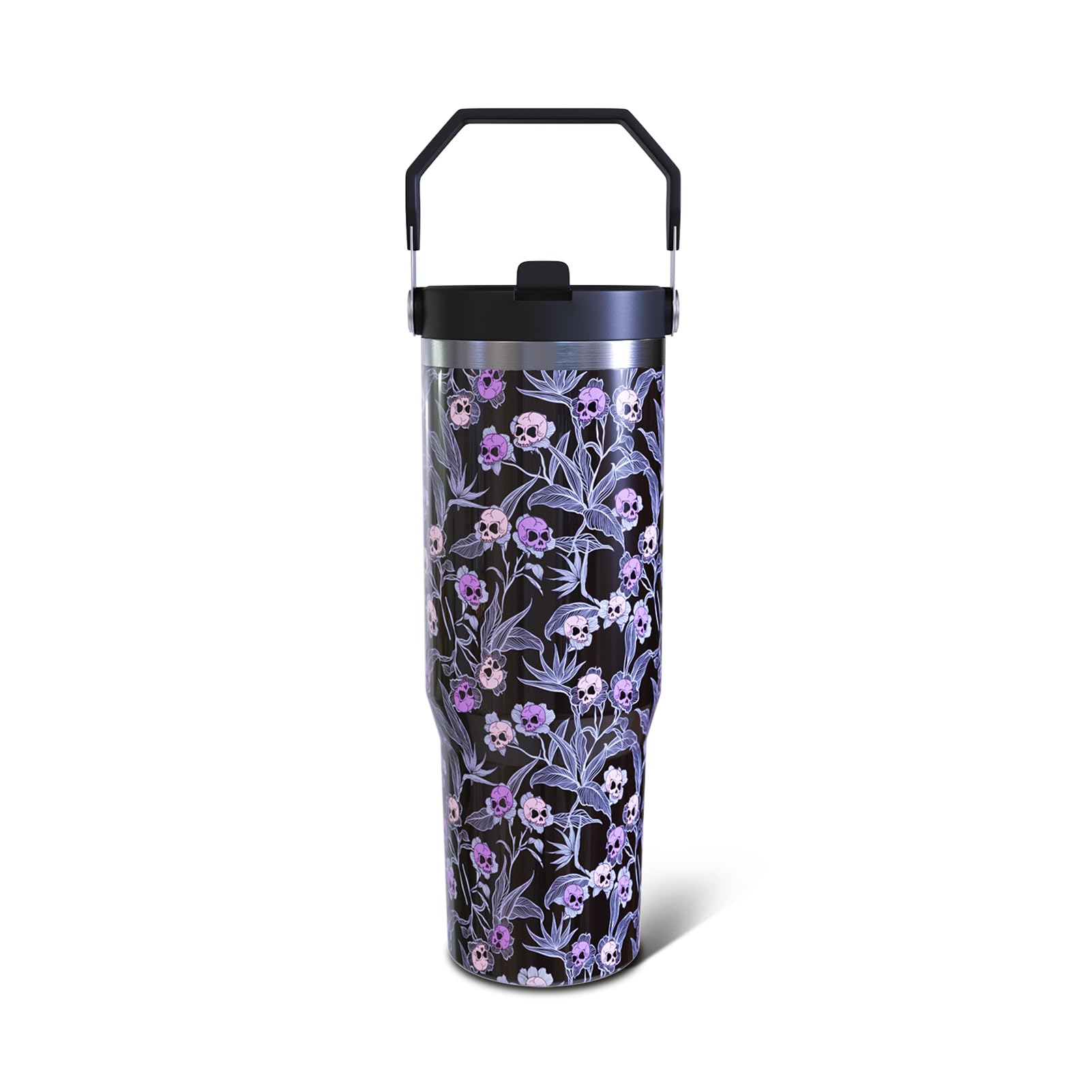 Aokoyi Halloween Gothic Skull 30oz Tumbler Gifts for Women Men, Skull Floral Stainless Steel Insulated Cup, Top Handle and Flip 