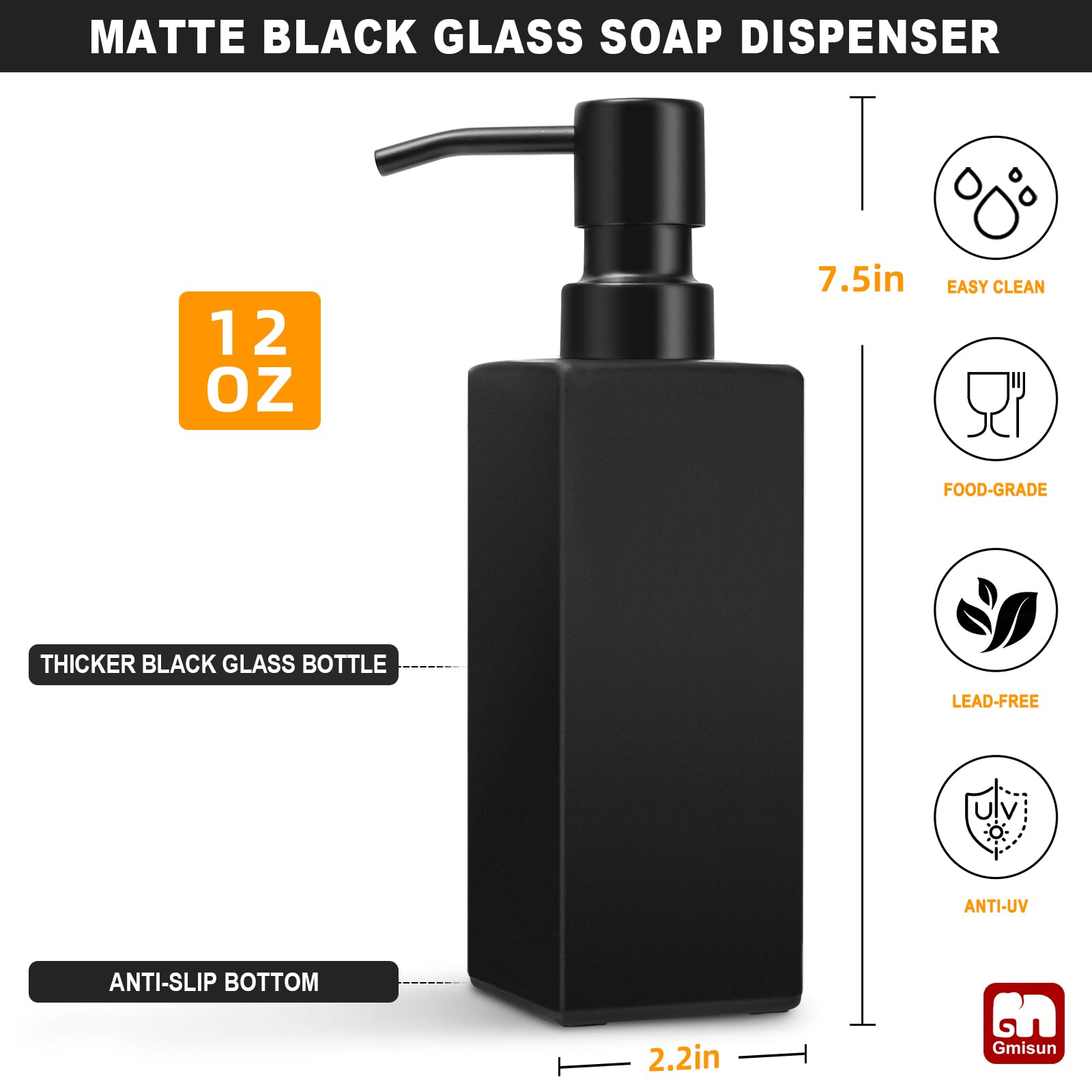 Gmisun Black Soap Dispenser, Soap Dispenser Bathroom, Glass Hand Soap Dispenser With Stainless Steel Pump, 12Oz Dish Soap Dispen