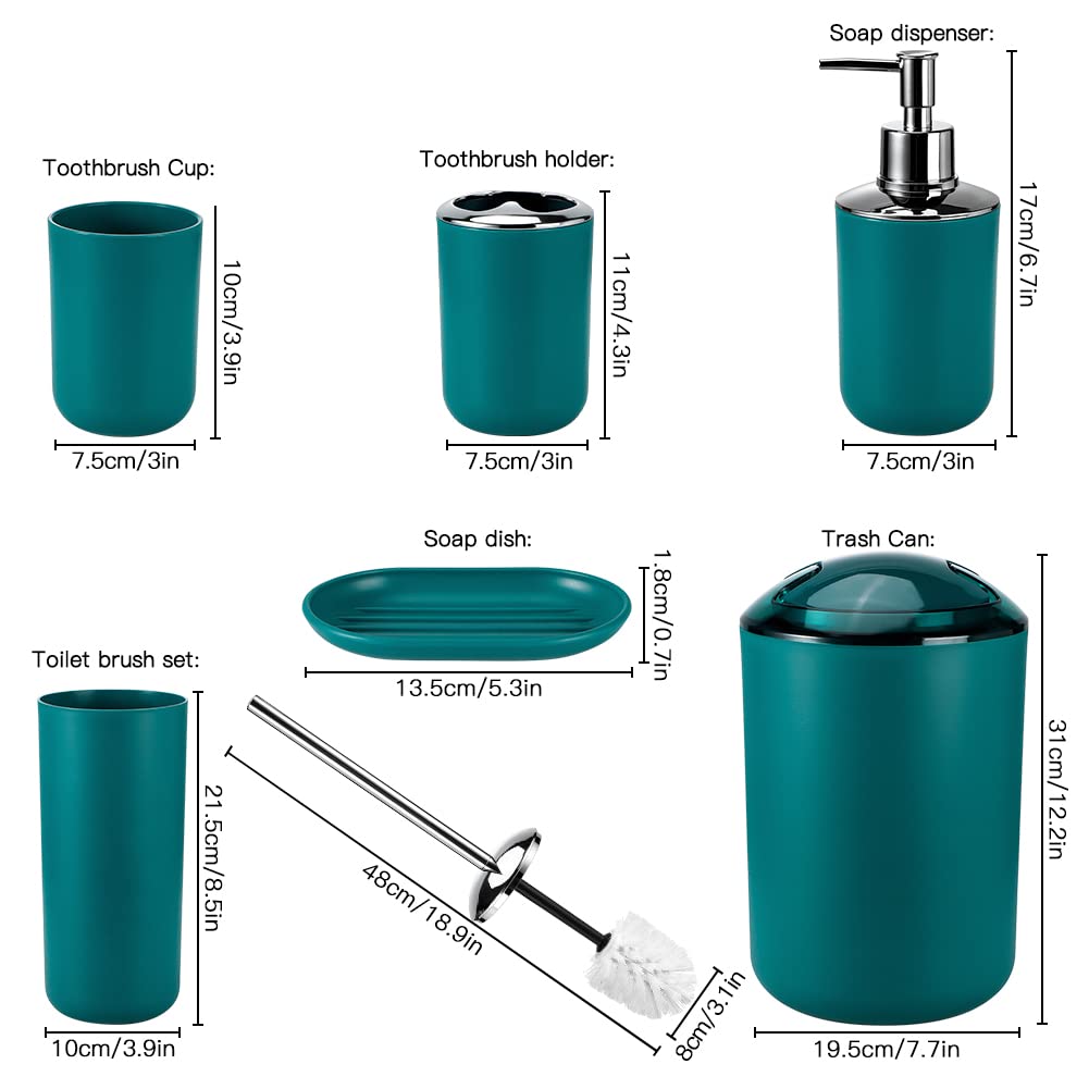 Otostar Bathroom Accessories Set 6 Piece Housewarming Gifts Set Plastic Bathroom Accessory Set Includes Toothbrush Holder Soap Dispenser Tumbler Soap Dish Toilet Brush Holder Trash Can (Dark Green)