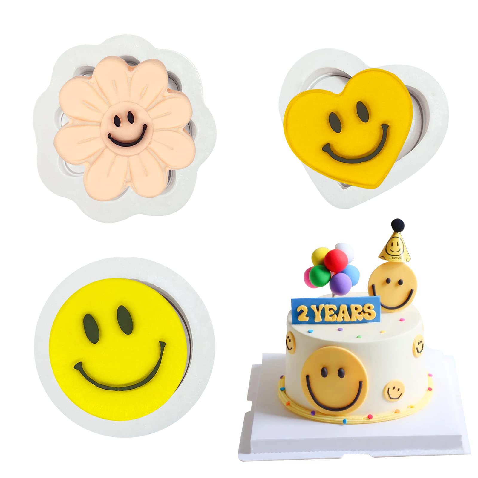 Smiley Face Fondant Molds (3Pcs), Smile Flower Heart Cake Decorating Silicone Mold For Cupcake Toppers, Cookies, Bread, Candy, C